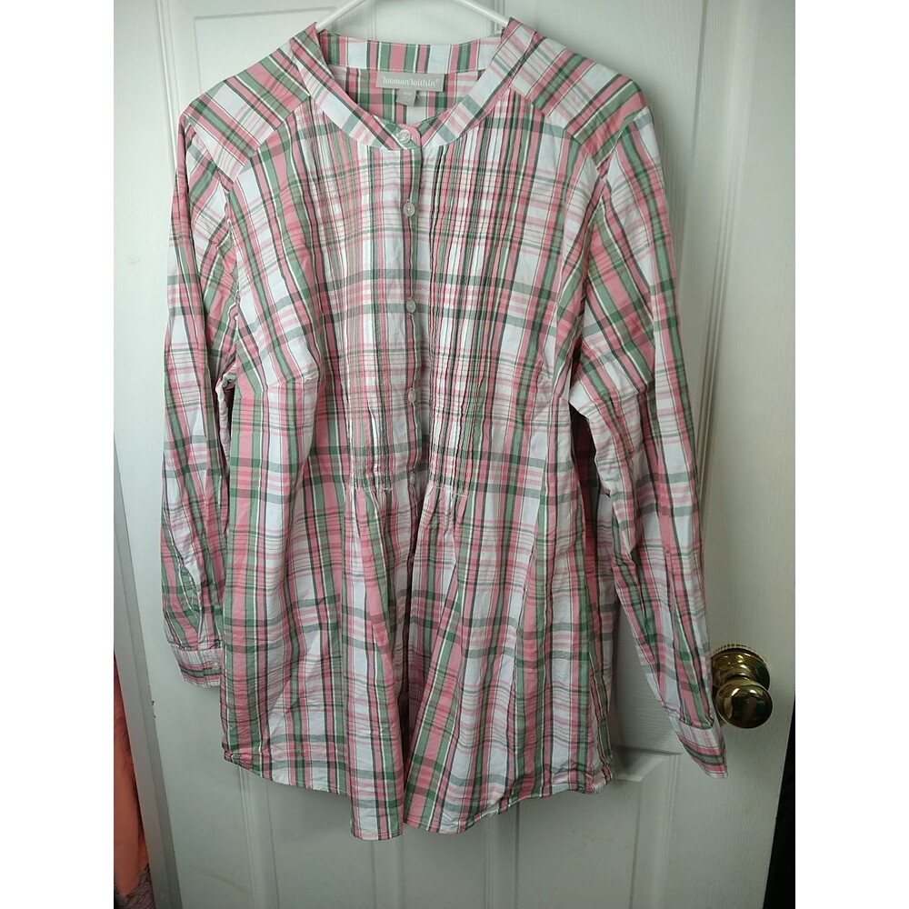 Woman Within Woman 18/20 Button Pink Green Plaid Babydoll Pleated Long Sleeve...